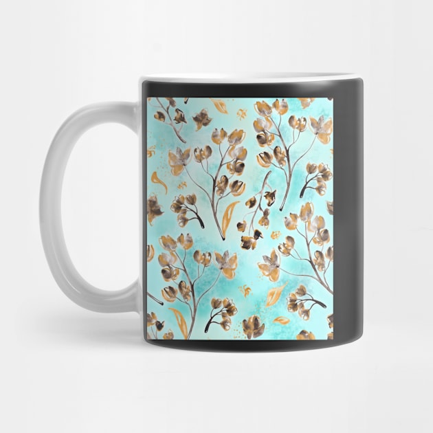 Hand-painted watercolor loose floral chintz in gold, blue, brown and turquoise as a seamless surface pattern design by nobelbunt